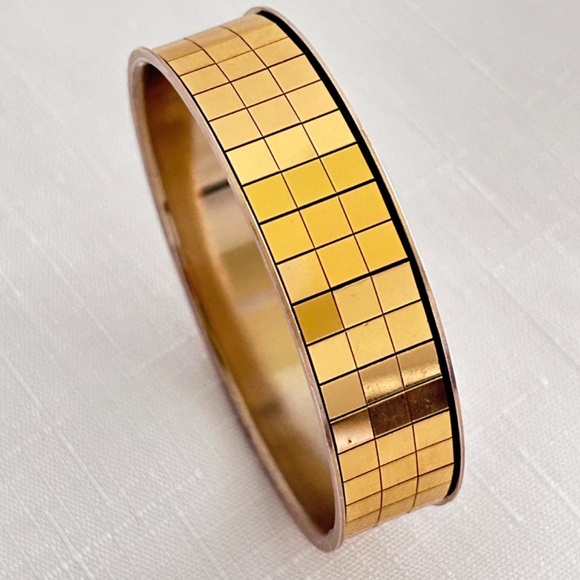 Circular Metal Bangle Squares Gold Tone Bracelet Golden Mosaic - Picture 5 of 7